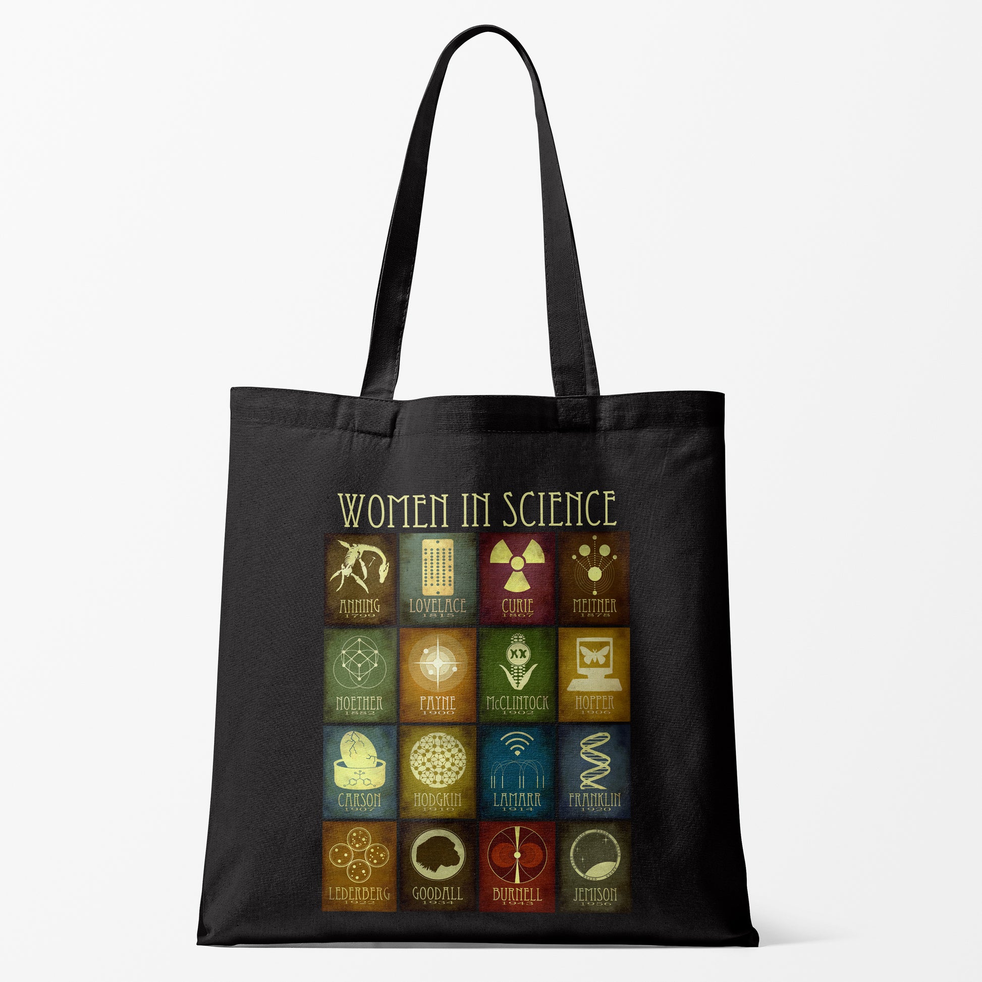 Women in Science reusable canvas cotton tote bag with a colorful artistic mosaic of designs honoring 16 Women in STEM