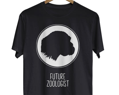 A science t-shirt for animal lovers featuring a silhouette image of a chimpanzee and the text "Future Zoologist"